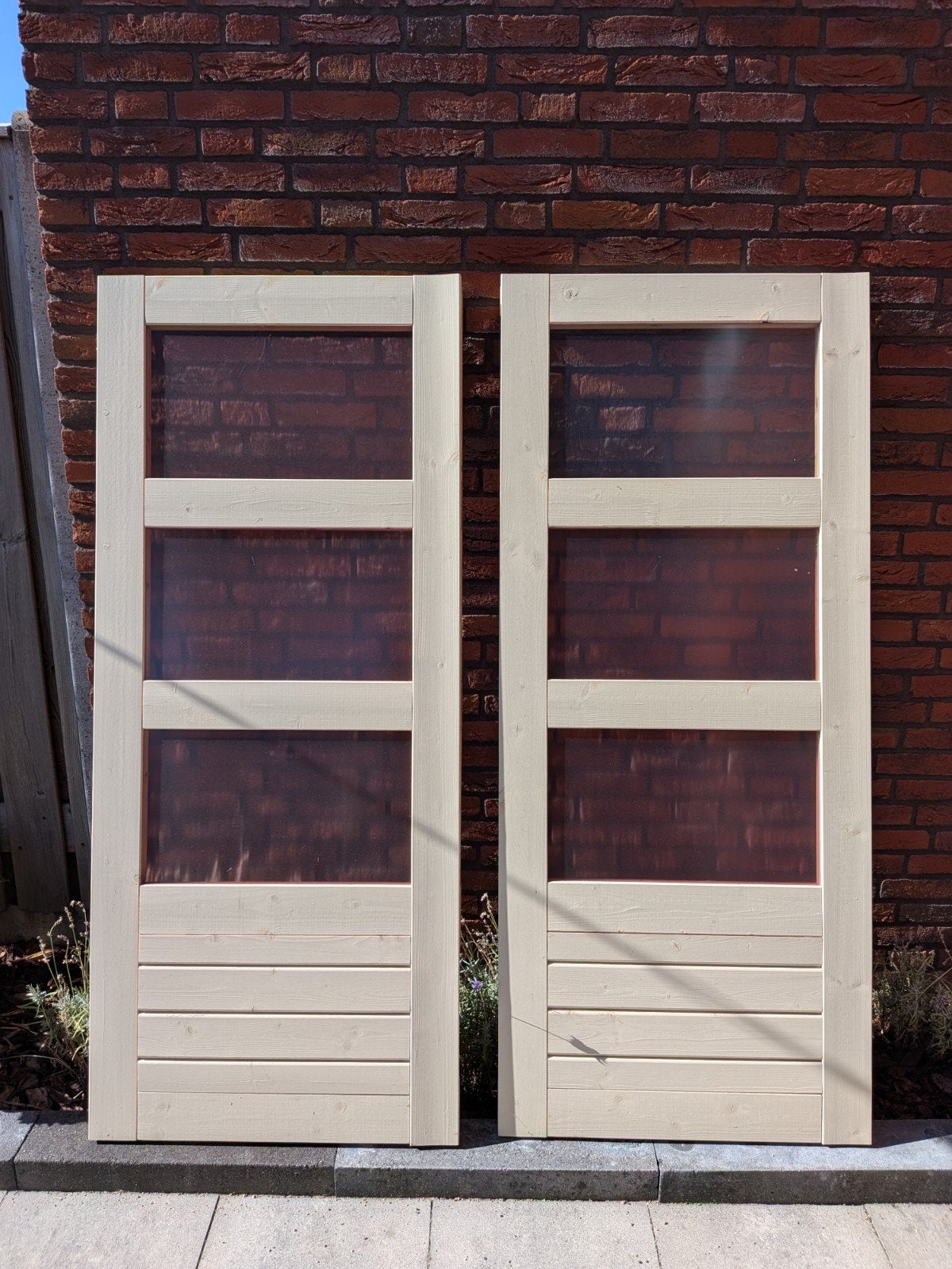 2 Tuindeuren van hout met plexiglas - 165x71x3.5 cm, Minder dan 80 cm, Minder dan 200 cm, Nieuw, Buitendeur