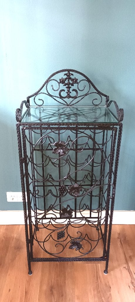Decoratief smeedijzeren wijnrek, glazen bovenblad 28 flessen, Ophalen, Gebruikt, 25 flessen of meer, 75 – 100
