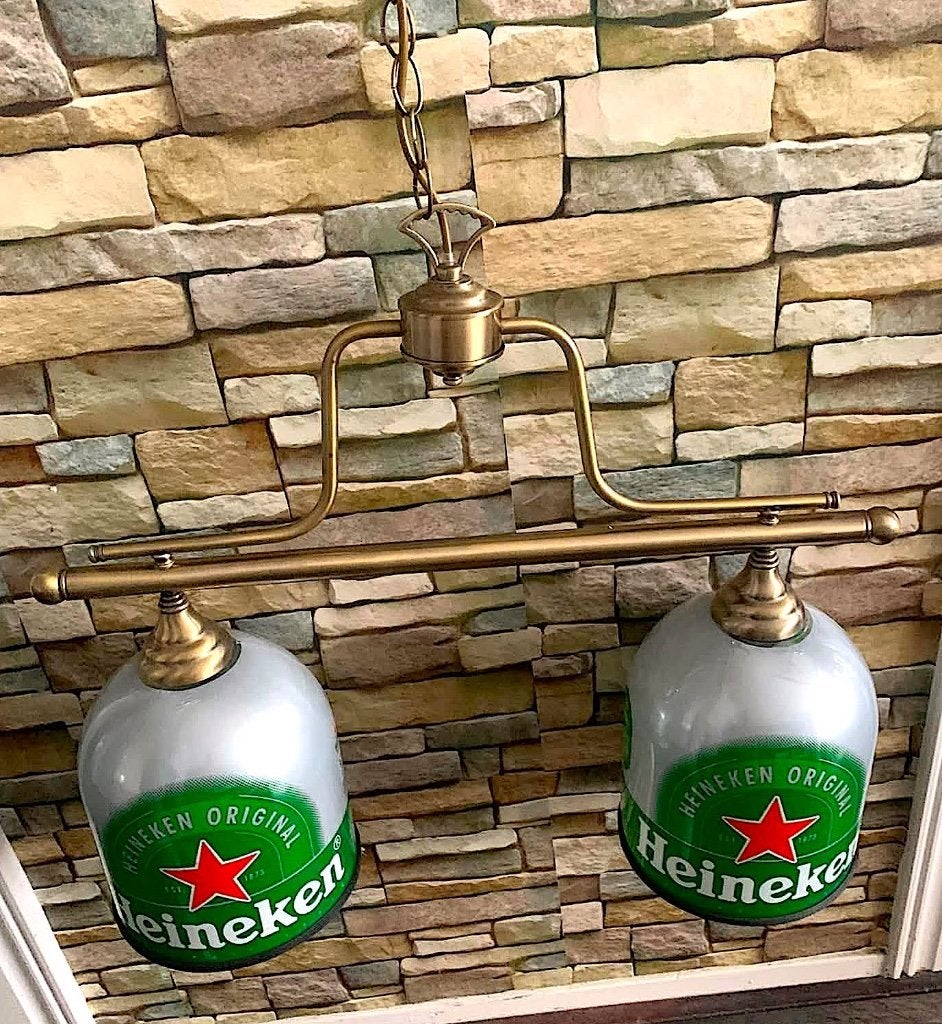 mancave dubbelen Heineken hanglamp geschikt als biljartlamp, Zo goed als nieuw, Metaal, Cafe mancave bar, E27 (groot)