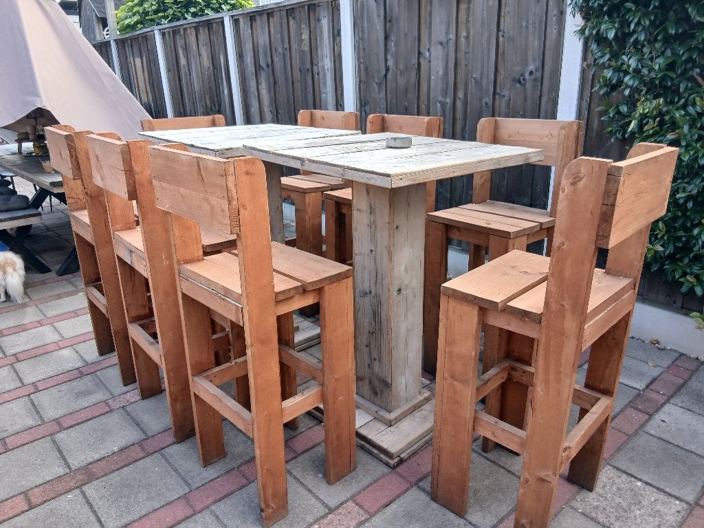 2 Statafel + 8 stoelen, Tuin en Terras, Ophalen, Gebruikt, Vierkant, Hout
