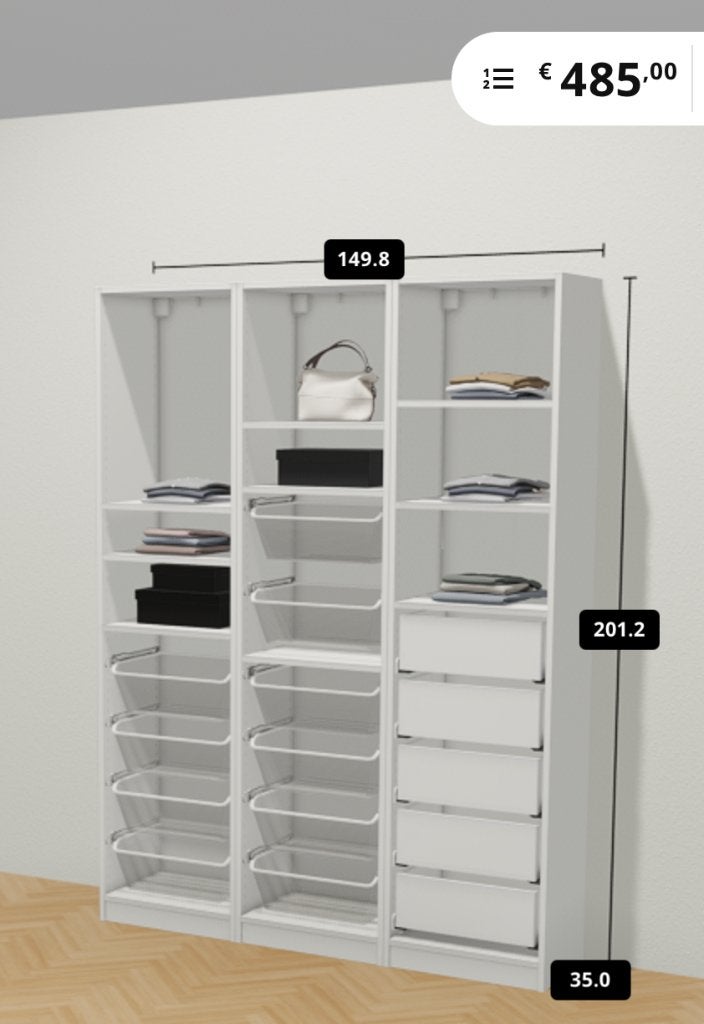 Ikea PAX kast laag/ondiep 150 x 201 x 35 met kastinrichting, Ophalen, 100 tot 150 cm, 200 cm of meer, Met lade(s)