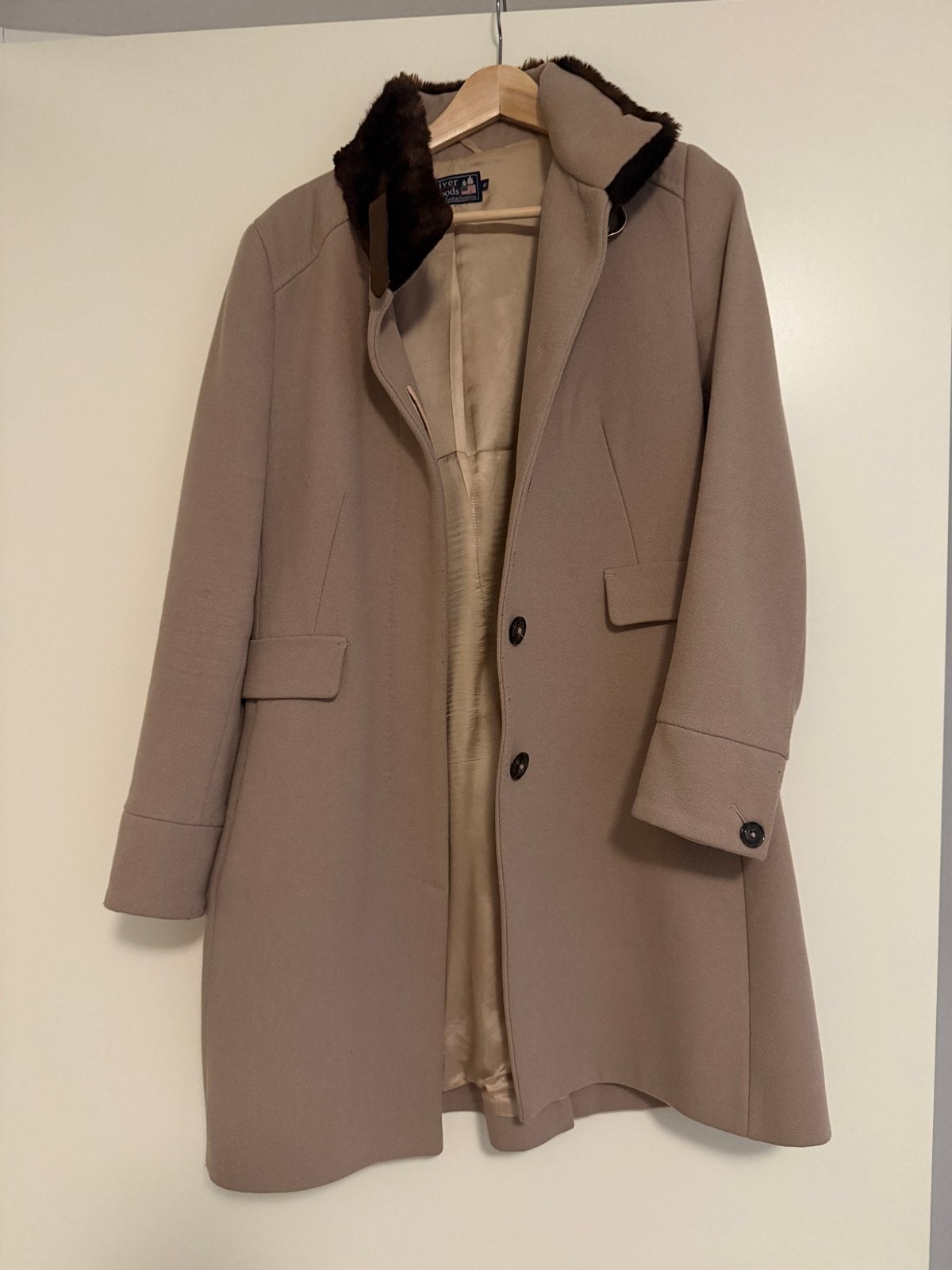 River Woods wollen jas met bontkraag - Maat 40, Ophalen of Verzenden, Zo goed als nieuw, Maat 38/40 (M), Beige