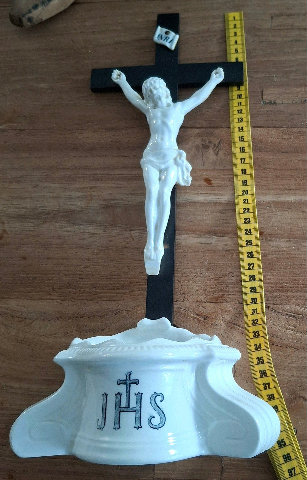 Antiek porseleinen altaarkruis met corpus, 40 cm hoog, Ophalen of Verzenden