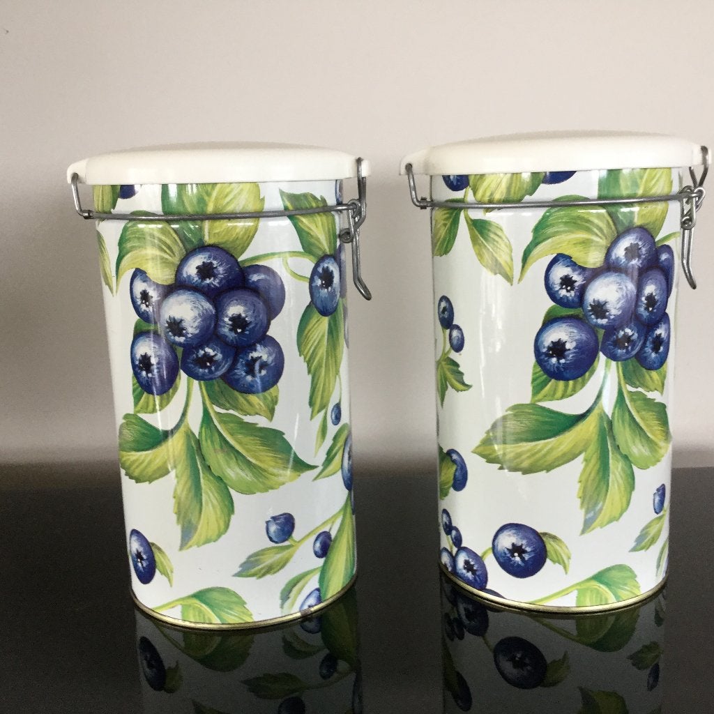 Vintage ‘Mega’ opbergblikken – blauwe bessen, made in Italy., Verzamelen, Ophalen of Verzenden, Huis en Inrichting