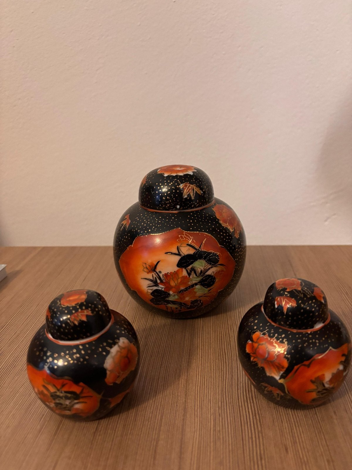 Set van 3 Vintage Chinese Gemberpotten - Zwart met Oranje, Antiek en Kunst, Antiek | Porselein, Ophalen