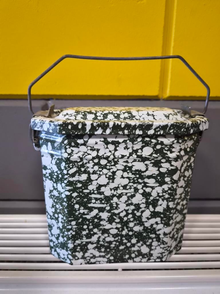 Vintage Franse emaille lunchbox - Groen gespikkeld, Ophalen of Verzenden