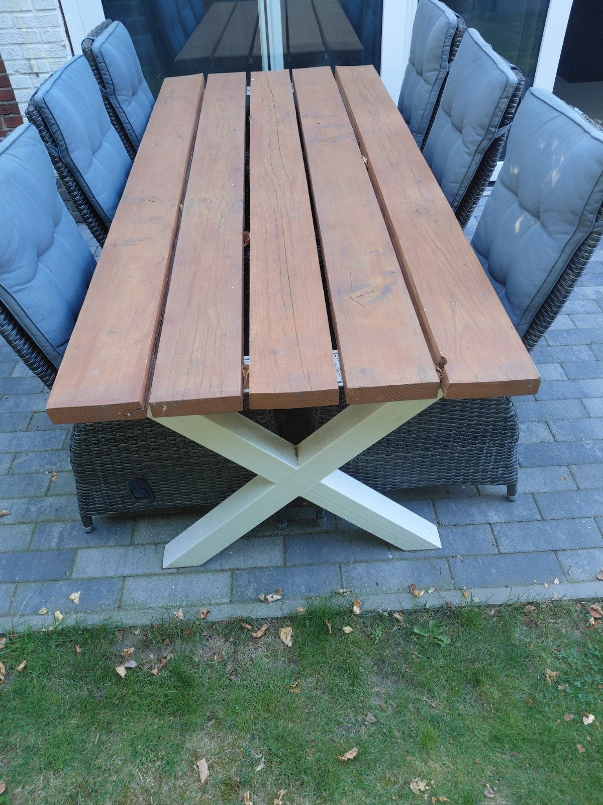 Tuinset 220x100cm met 6 stoelen en kussens, Ophalen, Gebruikt, 6 zitplaatsen, Tuinset