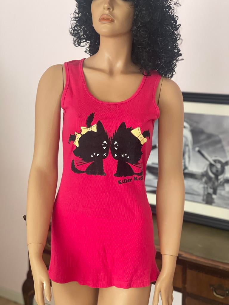 Killer Kitty roze katoenen singlet cami hemd L kittens print, Maat 42/44 (L), Ophalen of Verzenden, Roze, Zonder mouw