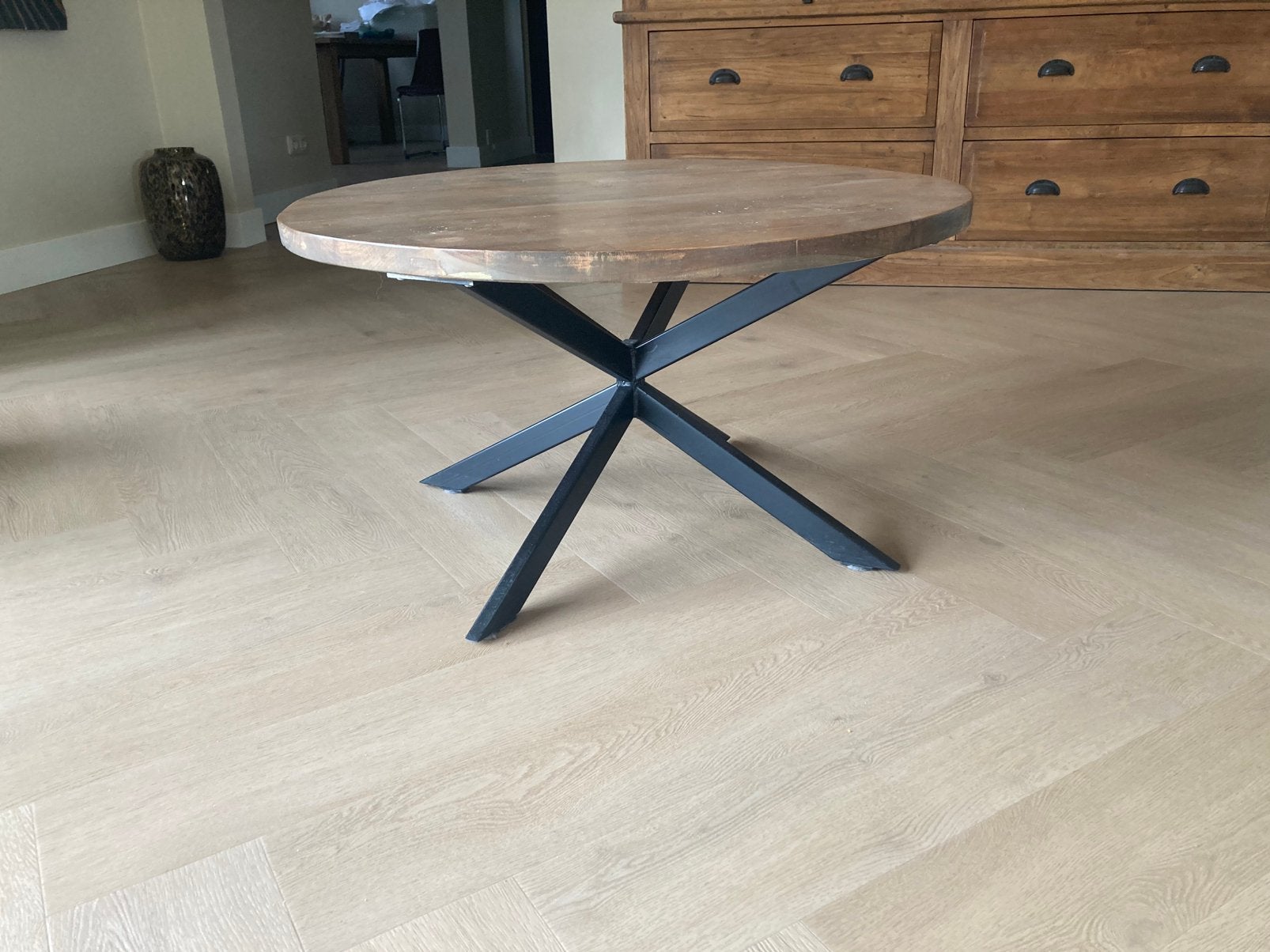Teak salontafel 80cm diameter, Ophalen, 50 tot 100 cm, 50 tot 100 cm, Zo goed als nieuw