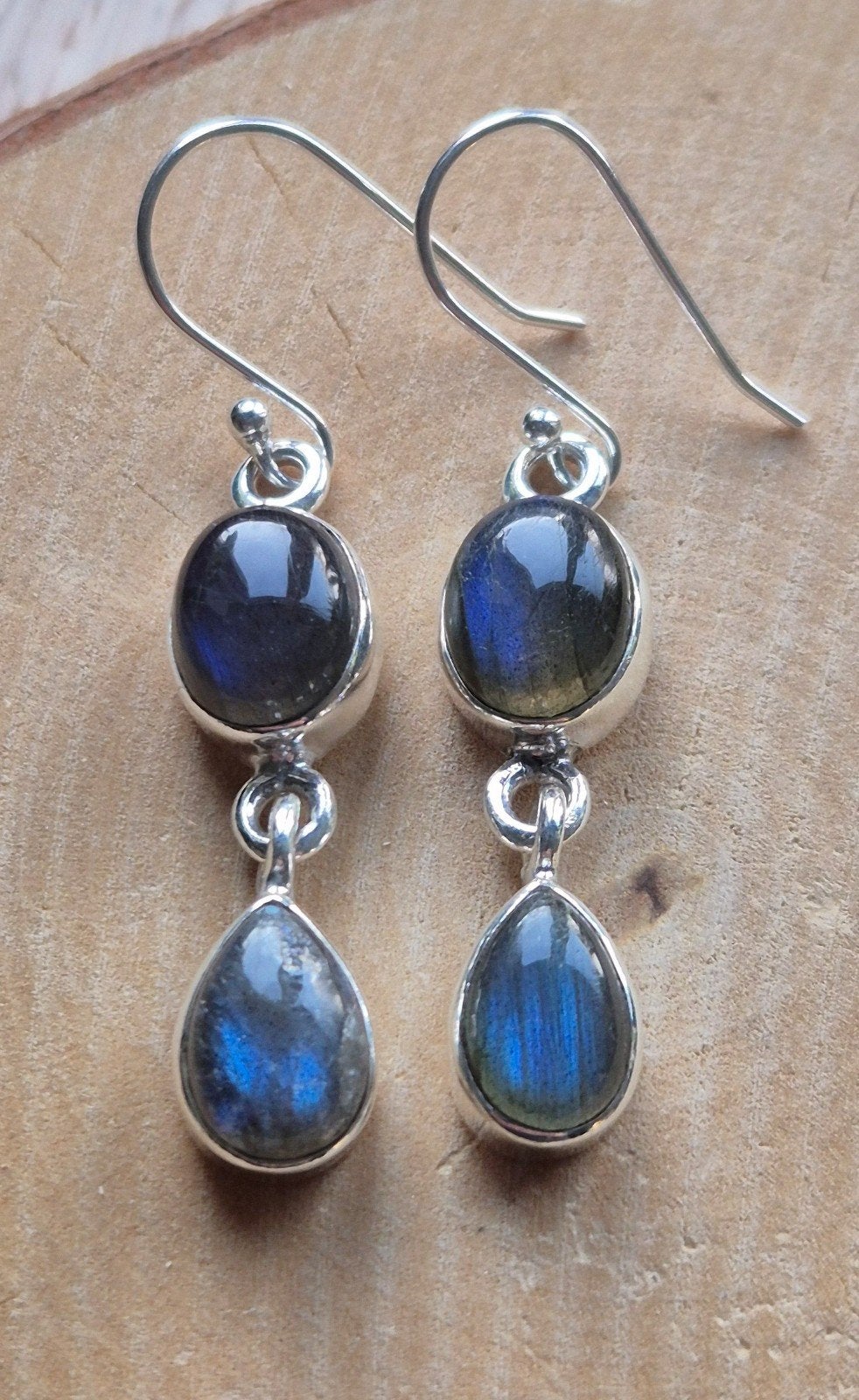 Zilveren oorhangers met Labradoriet, Sieraden, Tassen en Uiterlijk, Oorbellen, Hangers, Blauw, Nieuw, Ophalen of Verzenden