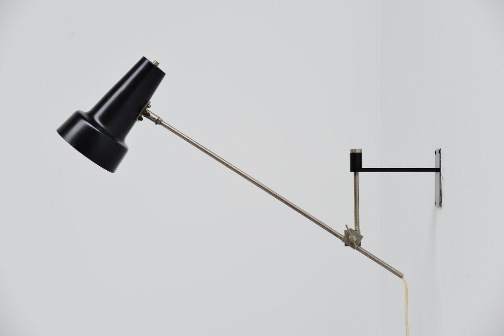 Willem Hagoort design wandlamp chroom/ metaal zwart jaren 60, Gebruikt, Zwart, Overige merken, Metaal