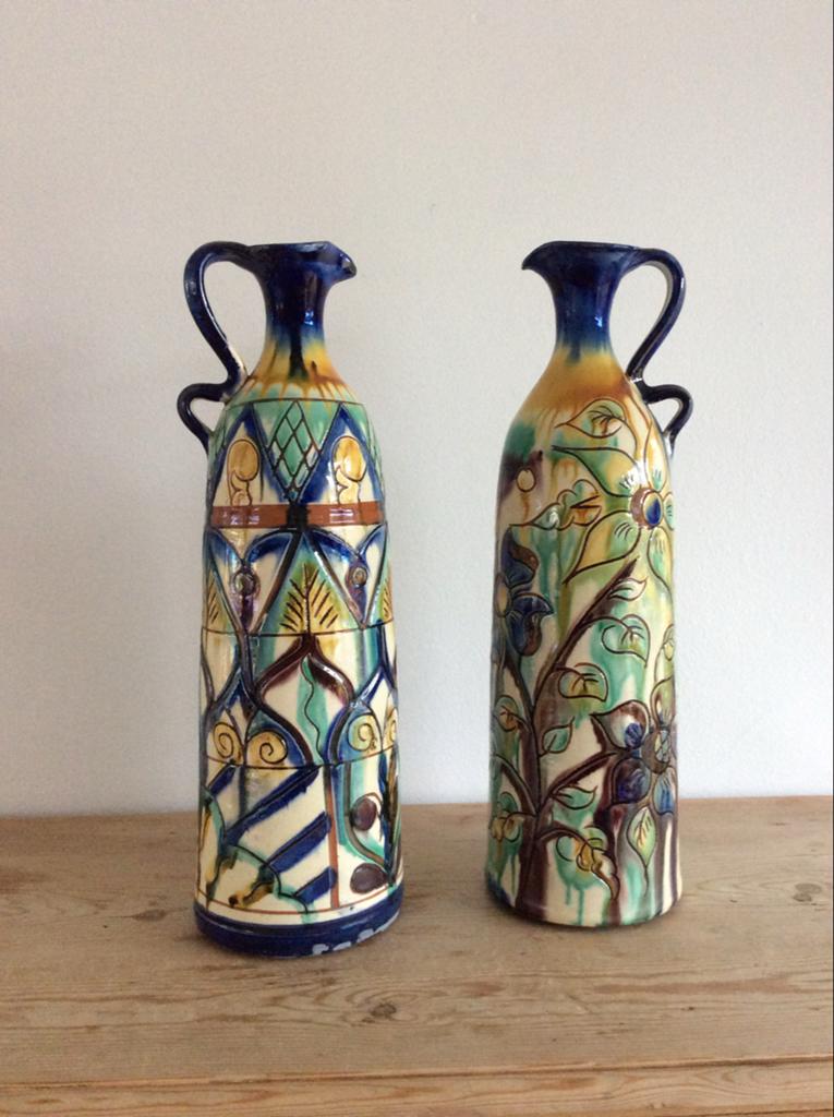 Set van 2 Retro Vazen - Okergeel, Blauw, Groen, Ophalen