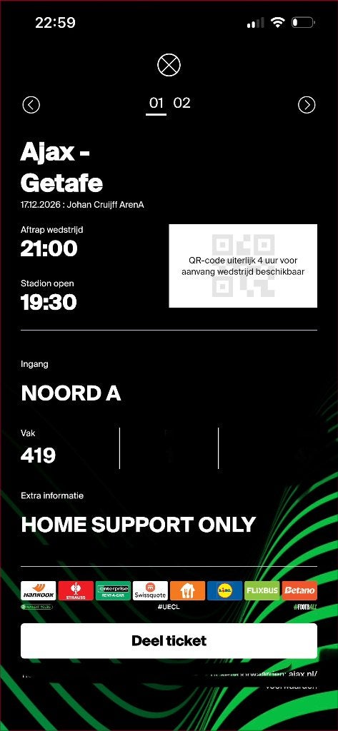 Ajax getafe vak 419 2x, Losse kaart, Twee personen, December, Europa of Champions League