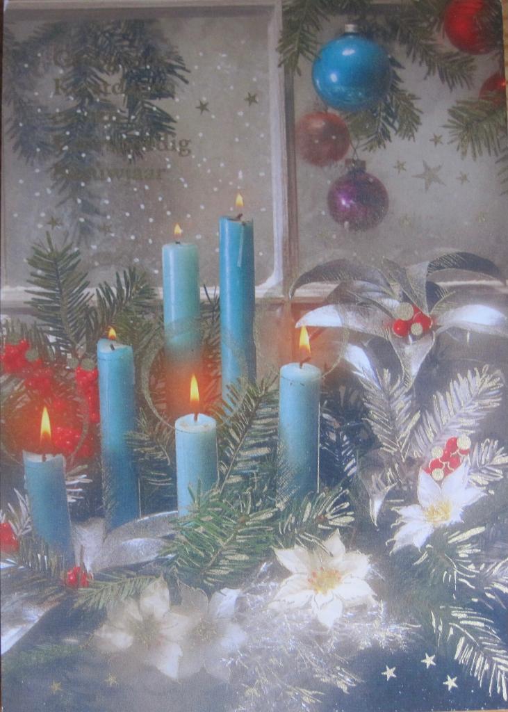 Gezegende Kerstdagen - zes groenblauwe kaarsen - 1972, Verzenden, 1960 tot 1980, Overige thema's