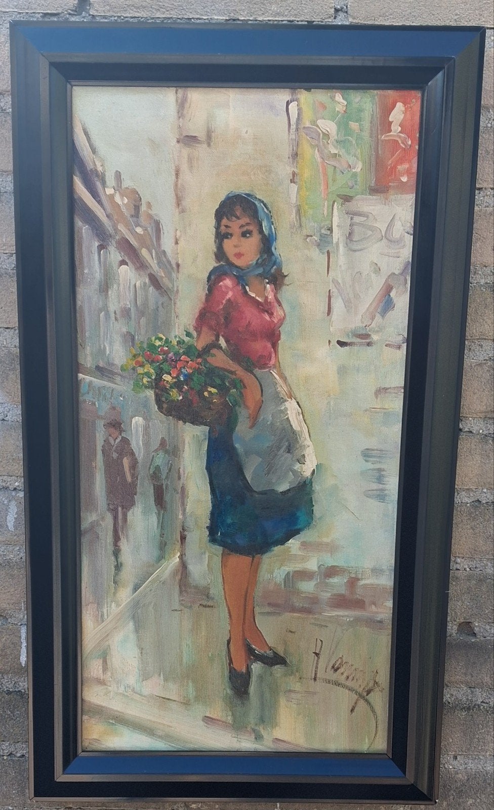Jeune femme avec un panier de fleurs. Sign. Olie/doek. 38/68, Ophalen of Verzenden