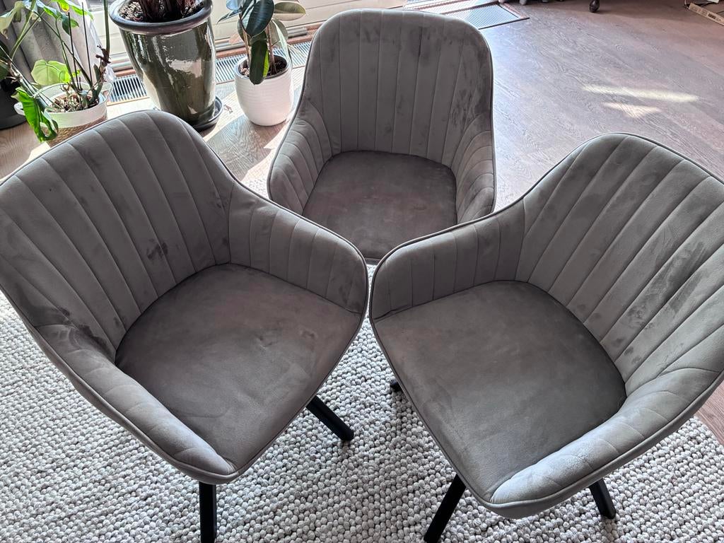 Set van 3 grijze fluwelen stoelen van Jysk, Huis en Inrichting, Stoelen, Ophalen, Gebruikt, Drie, Stof