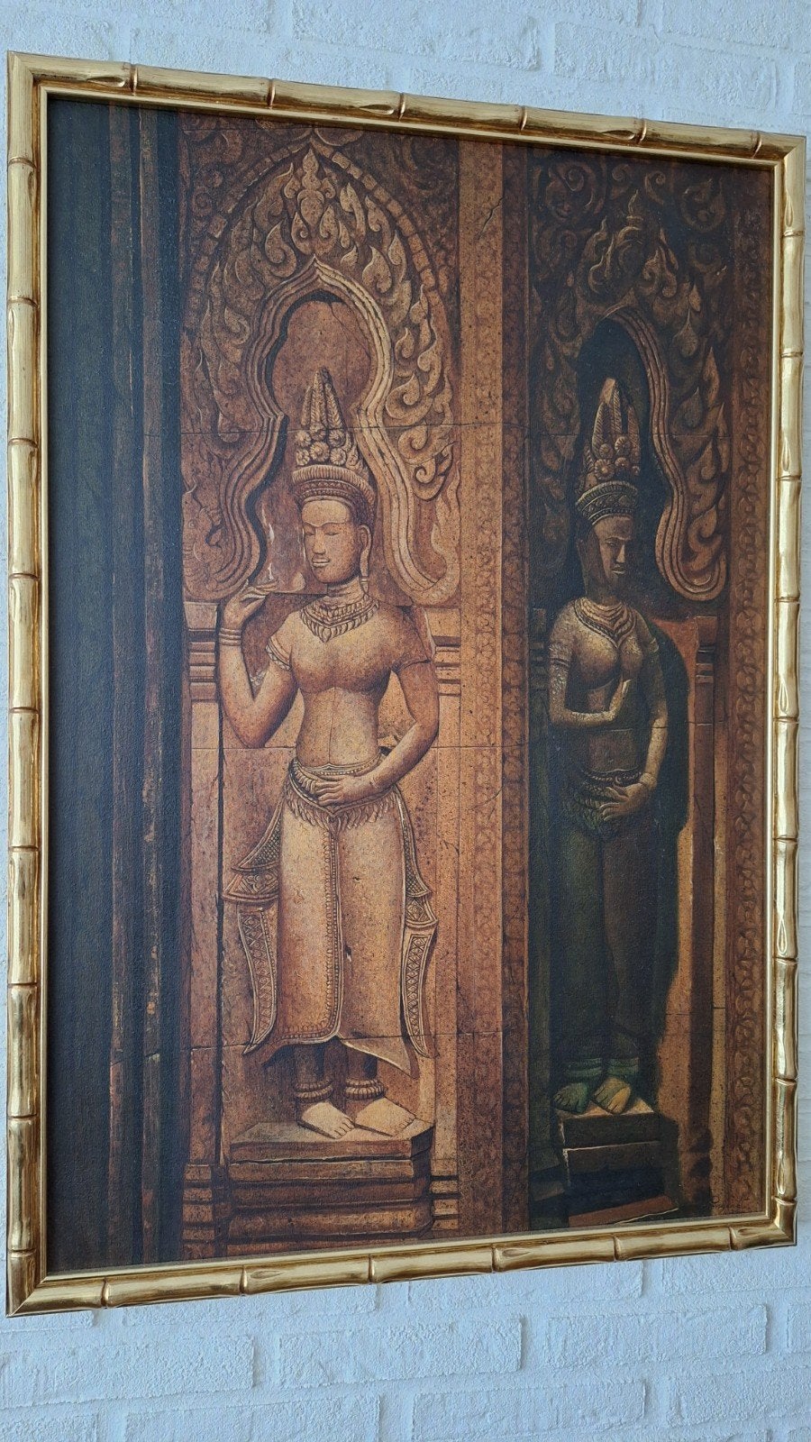 Schilderij Angkor Wat in bamboe gouden lijst, Antiek en Kunst, Schilderij, Geschilderd, Goud, Overige herkomsten