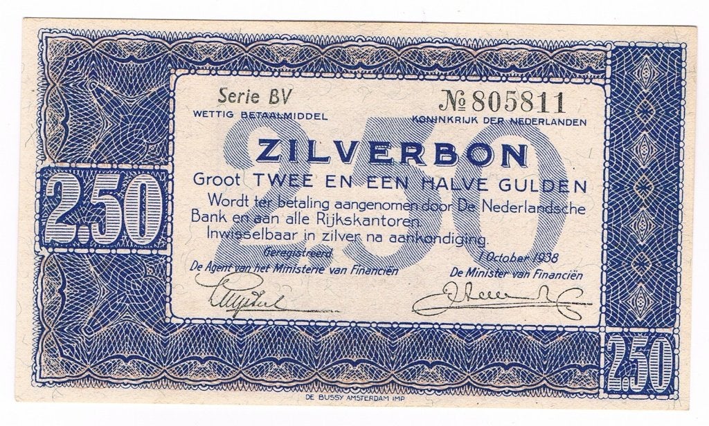 2 1/2 gulden zilverbon 1938 UNC min, Verzenden, 2½ gulden, Los biljet
