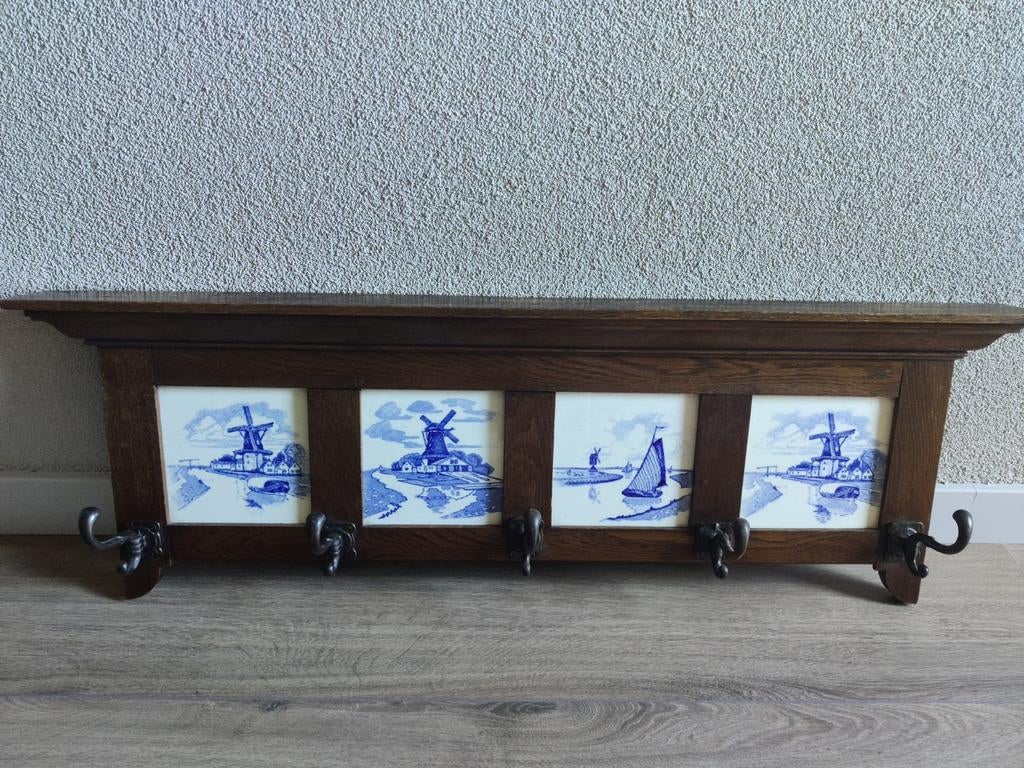Antieke eiken kapstok met Delftsblauwe tegels, Ophalen of Verzenden