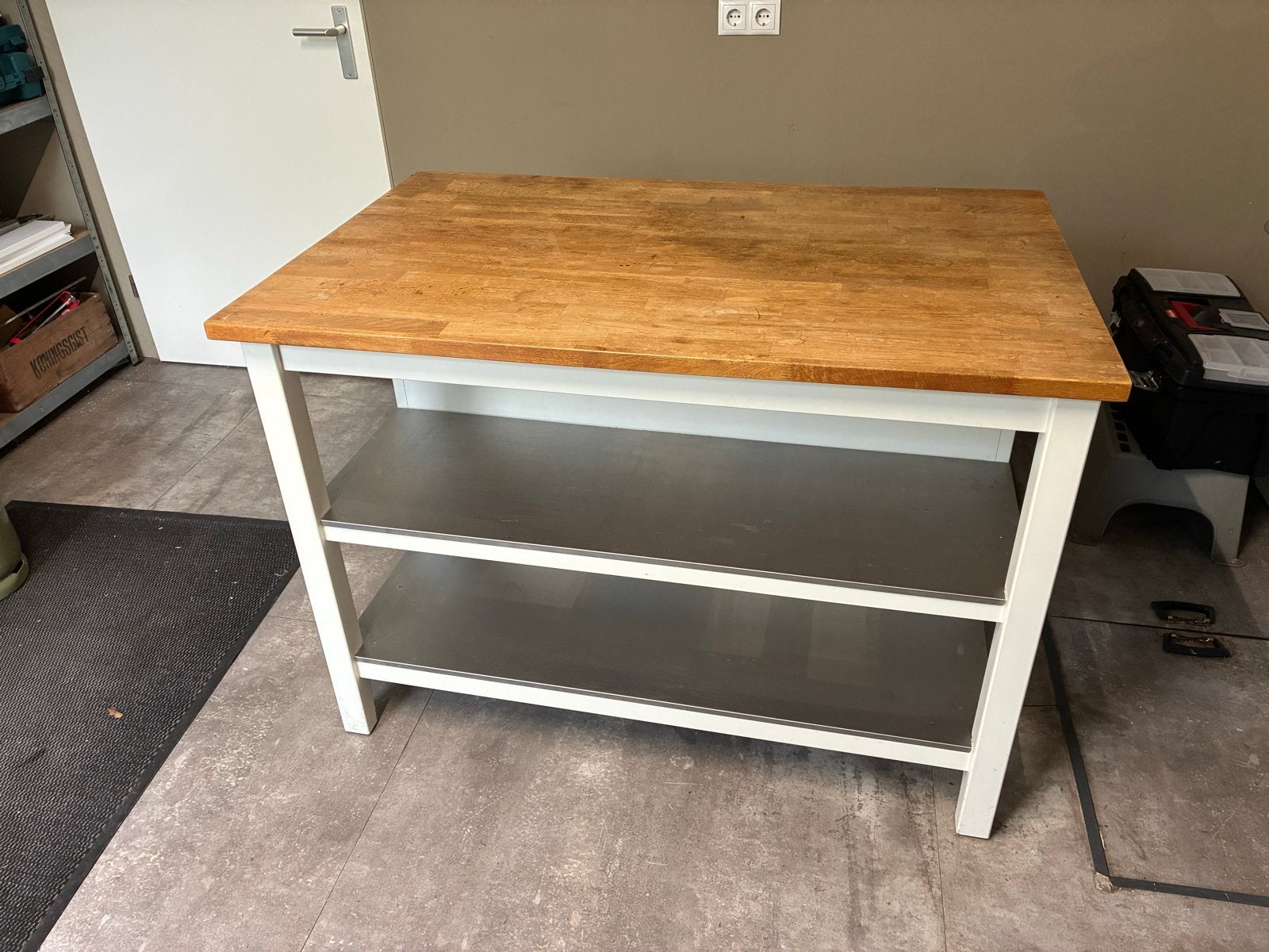 Ikea Keukeneiland met houten blad en metalen planken, Ophalen, Gebruikt, 100 tot 150 cm, Eikenhout