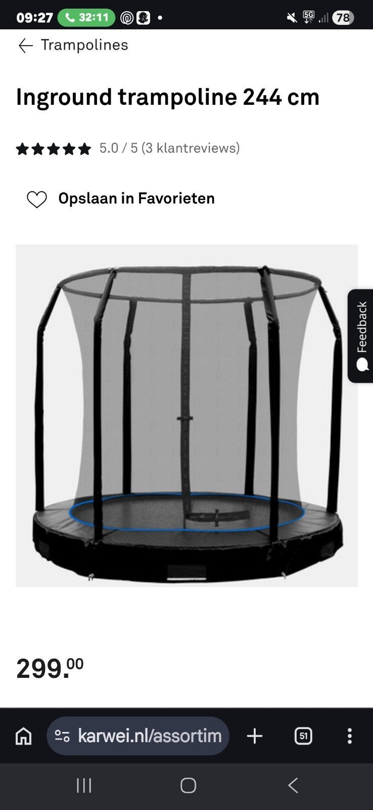 Inground trampoline 244 cm - slechts 2x gebruikt, Kinderen en Baby's, Speelgoed | Buiten | Trampolines, Ophalen, Zo goed als nieuw