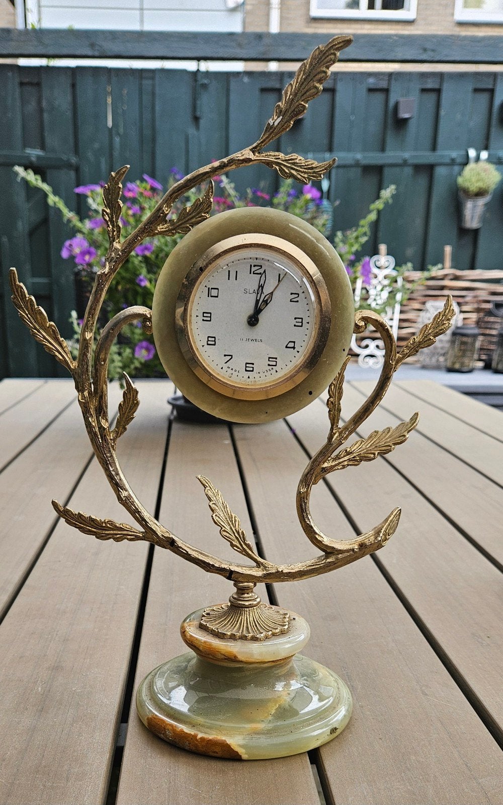 Vintage tafelklokje met wekkerfunctie, marmer en messing, Ophalen of Verzenden