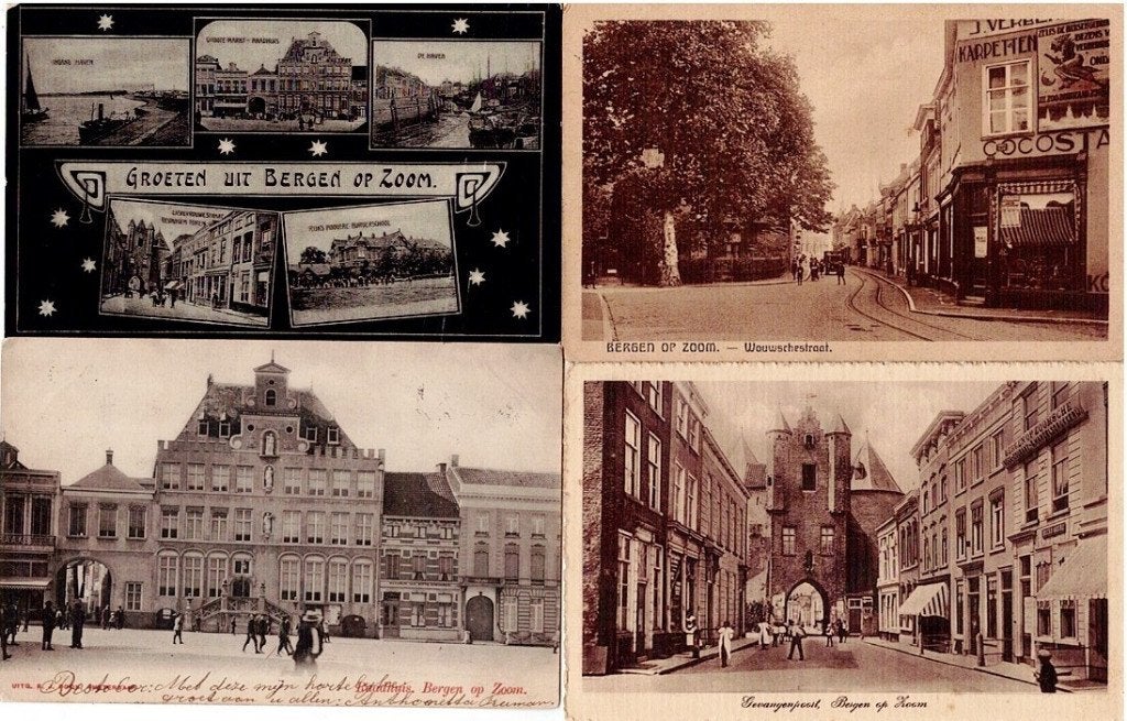 Mooie verstuurde ansichtkaarten Bergen op Zoom (4 stuks), Gebruikt, Ophalen of Verzenden, Gebouw, Voor 1940
