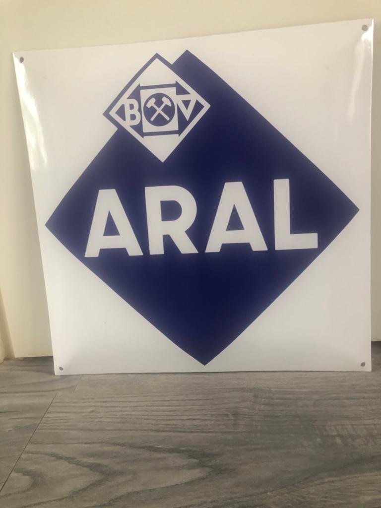 Emaille Aral bord Benzine in nieuwstaat, Ophalen of Verzenden, Zo goed als nieuw, Reclamebord