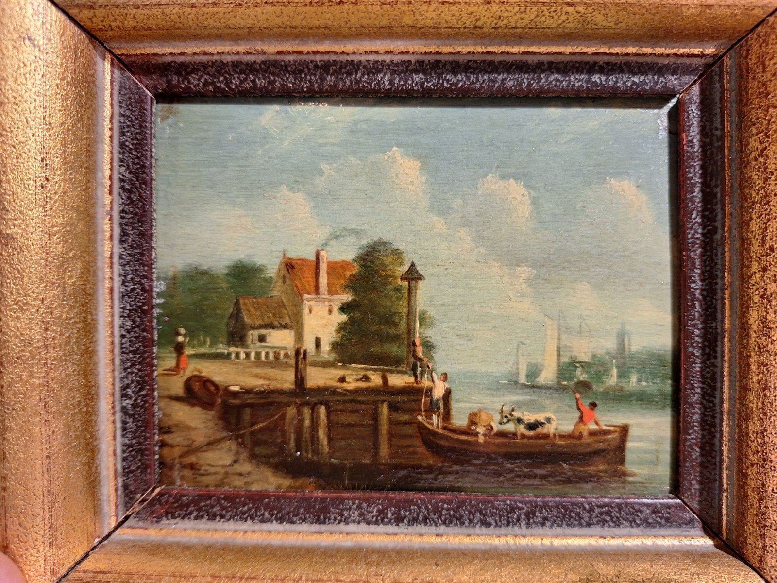 Oud Hollands Schilderij: Veerboot met Koeien, Ingelijst, Oud hollands, Ophalen of Verzenden, Olieverf