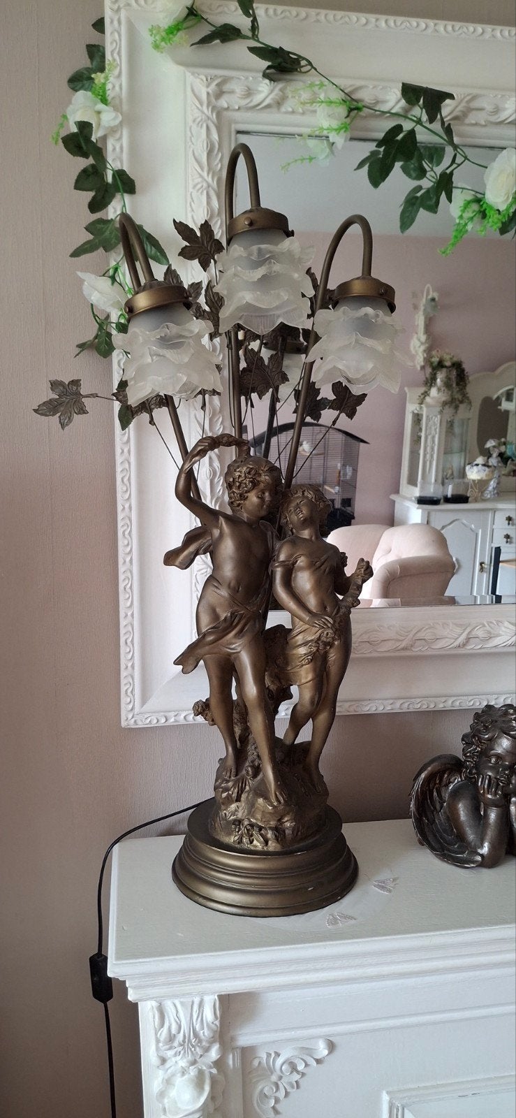 grote klassieke bronzen figuurlijk met engelen 3 lichtpunten, Ophalen, Zo goed als nieuw