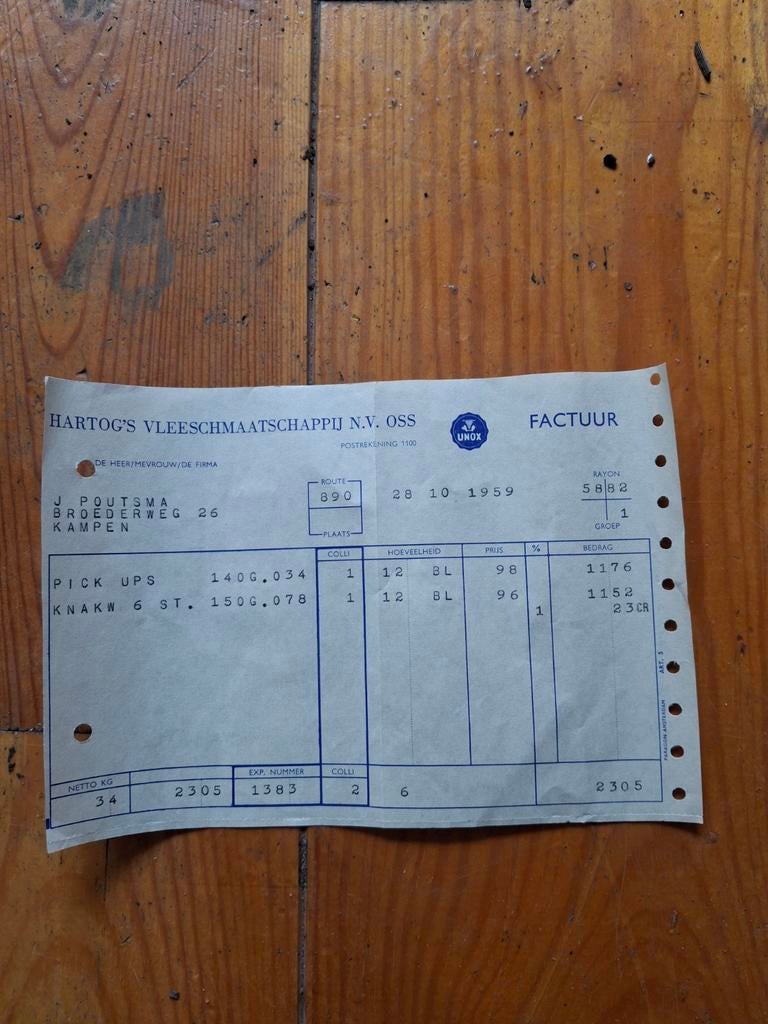 Historische factuur Hartog's Vleeschmaatschappij 1959, Verzamelen, Ophalen of Verzenden