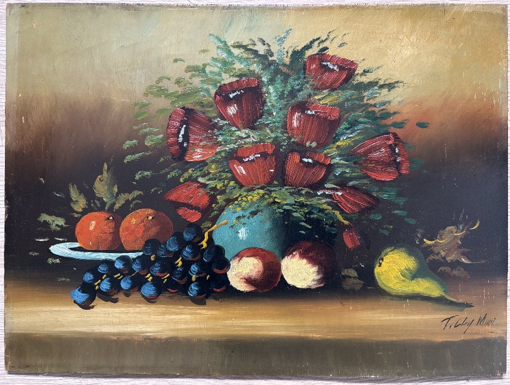 Tilly Moes (1899-1979) - Stilleven met bloemen en fruit, Paneel, Stilleven, Impressionistisch, Ophalen of Verzenden