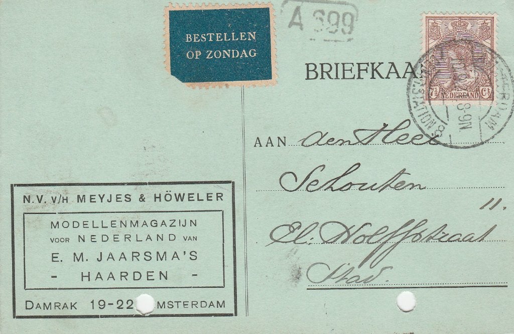 AMSTERDAM 1921 nv vh MEYJES HOWELER Modellenmagazijn Damrak, Verzenden, 1920 tot 1940, Gelopen, Noord-Holland