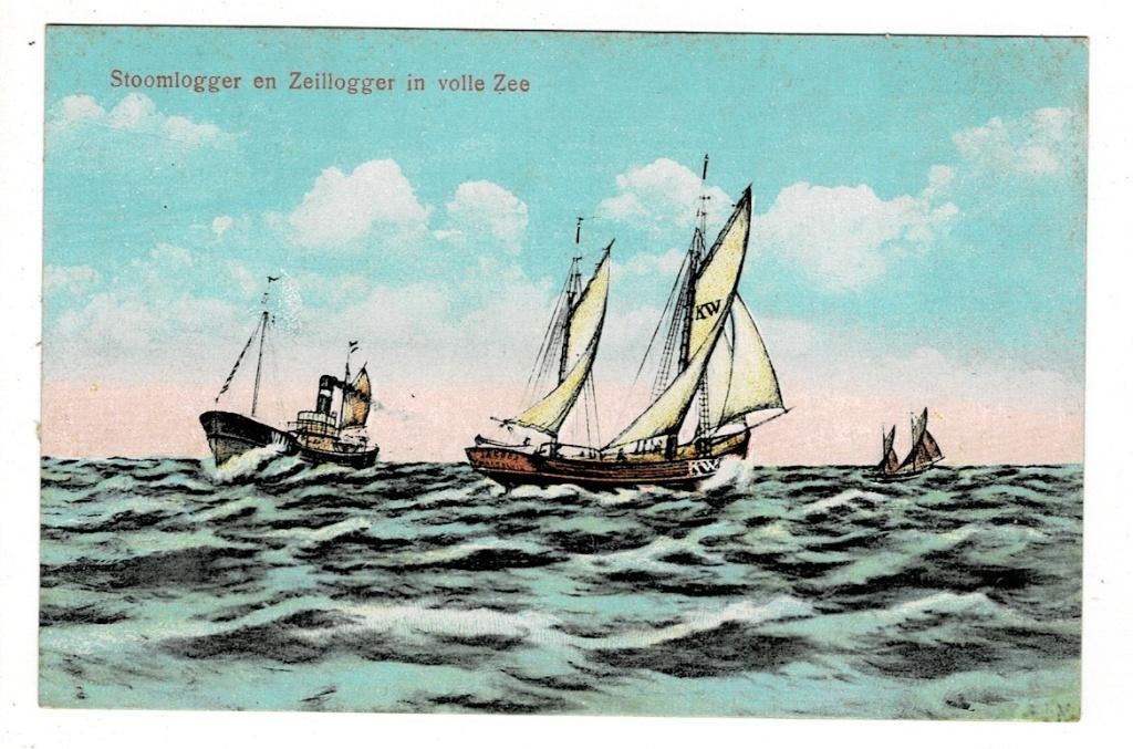 Stoomlogger en Zeillogger in volle Zee in 1910 (boot)., Ophalen of Verzenden, Voor 1920, Ongelopen, Overige thema's