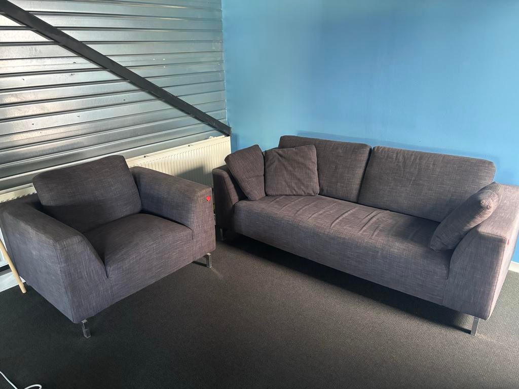 Comfortabele 3-zitsbank en fauteuil - Grijs stof, Gebruikt, Driepersoons, 75 tot 100 cm, Ophalen of Verzenden