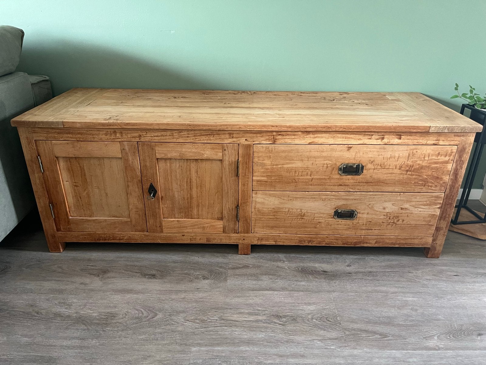 Teak houten tv-meubel met lades en deurtjes, Ophalen, Gebruikt, 150 tot 200 cm, Teakhout