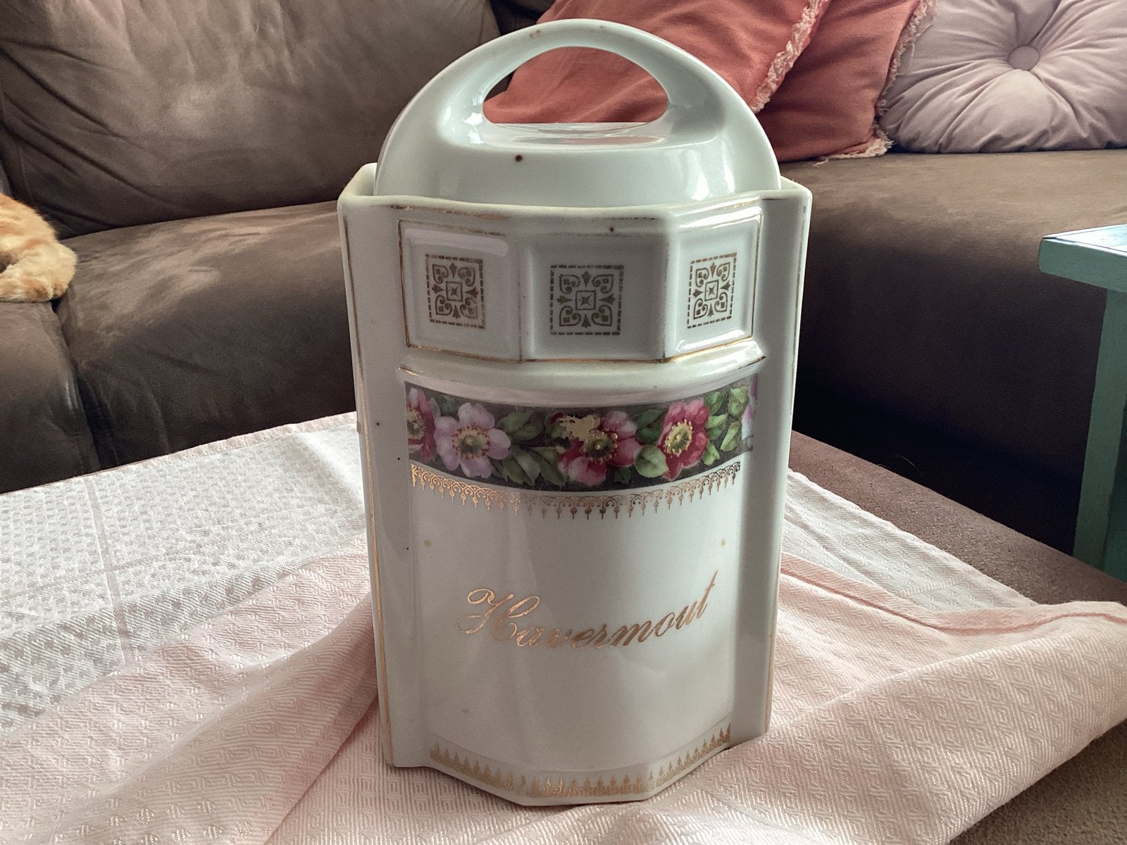 Antieke Havermout Pot van Porselein met Bloemen en Goud, Ophalen of Verzenden