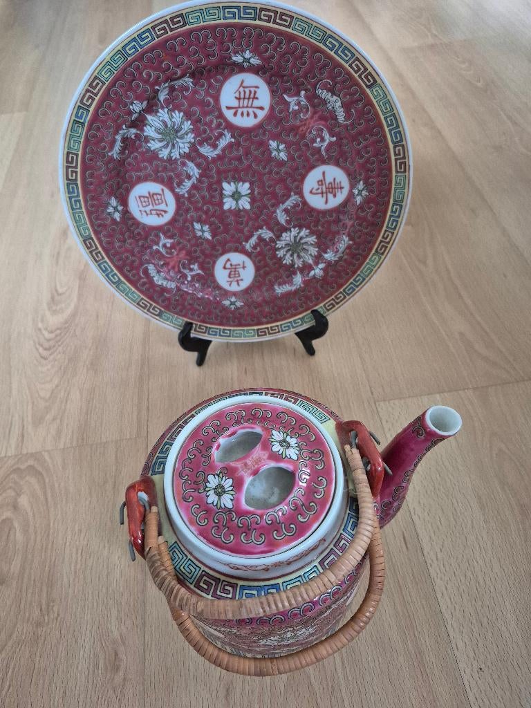 Porseleinen Bord en Theepot Jingdezhen Mun Shou, Antiek en Kunst, Antiek | Servies los, Ophalen