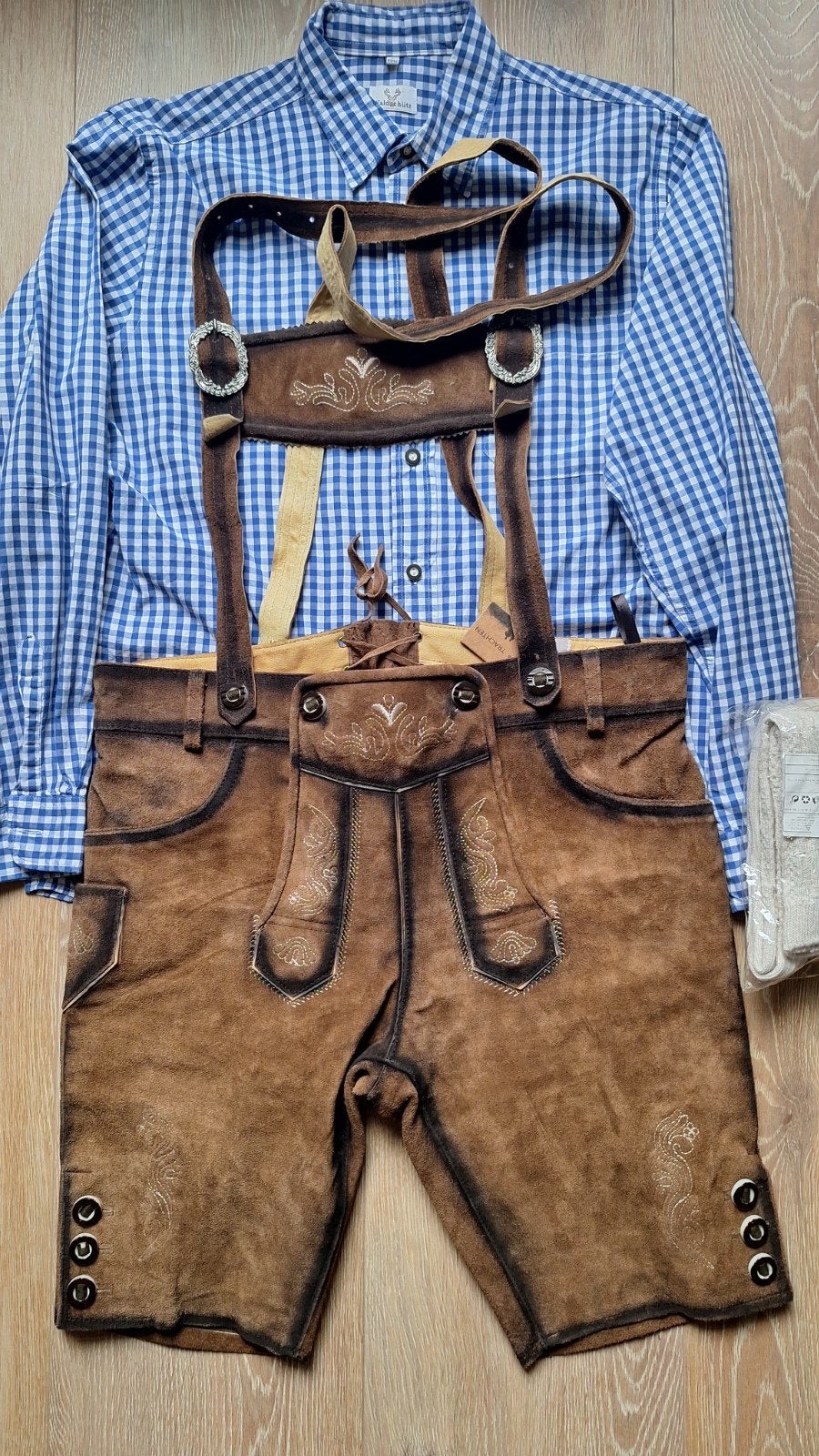 Lederhose M/L overhemd kousen oktoberfeest, Ophalen of Verzenden, Zo goed als nieuw, Maat 52/54 (L)