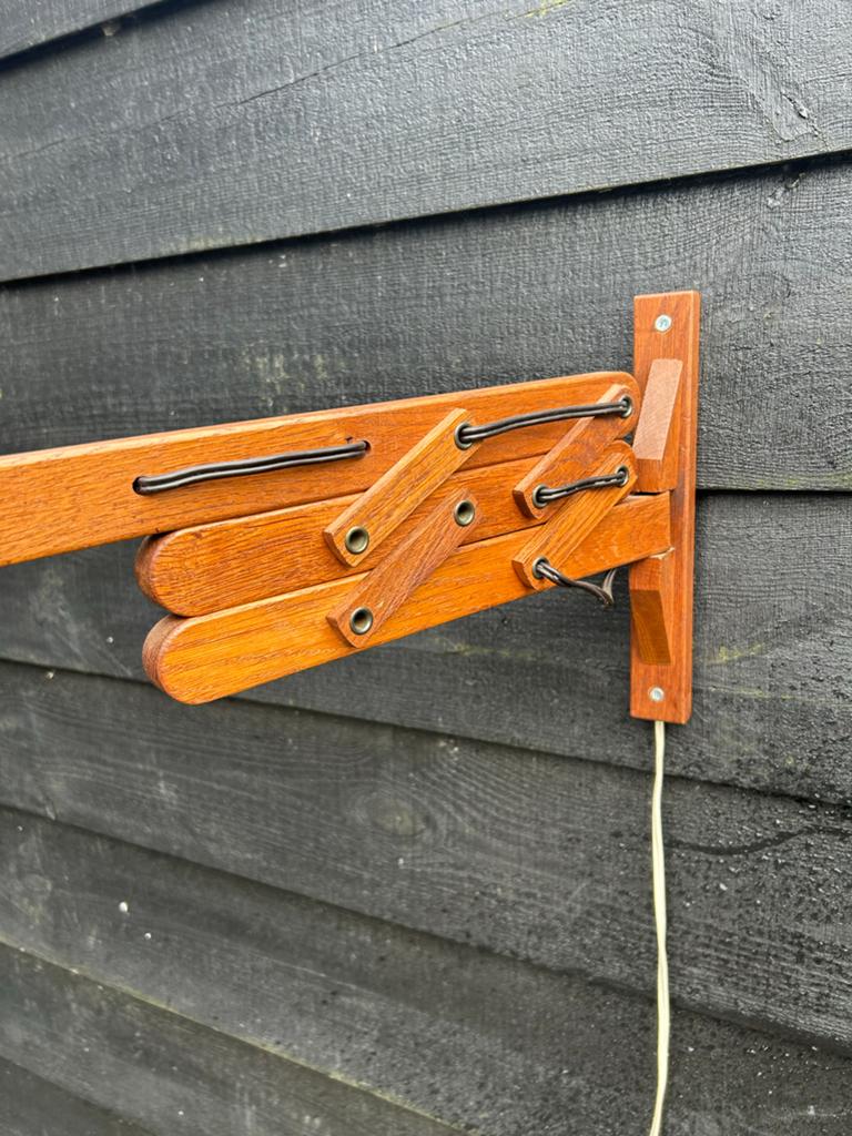 Vintage houten schaarlamp met leren kap, Ophalen of Verzenden
