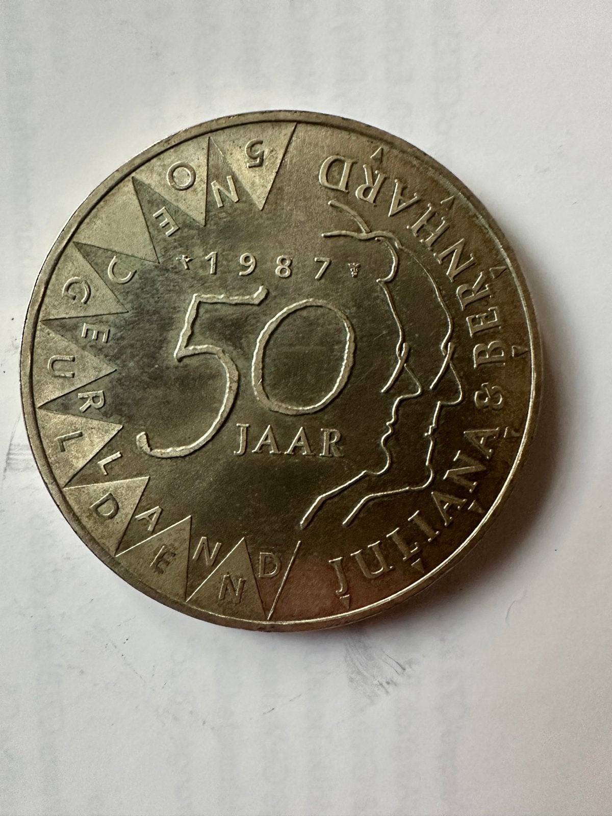 Zilveren 50 Gulden Munt 1987 - Juliana & Bernhard, Postzegels en Munten, Koningin Beatrix, Zilver, Ophalen of Verzenden, Losse munt