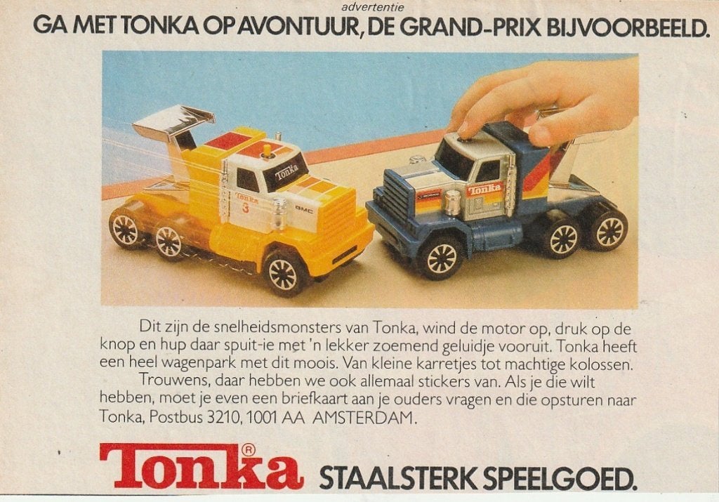 Retro reclame 1982 Tonka speelgoed staalsterke vrachtwagens, Verzamelen, Verzenden, Overige typen