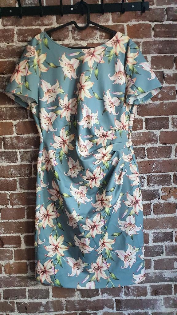Swing jurk bloemen turquoise geplooid maat 44 / XL, Blauw, Maat 42/44 (L), Ophalen of Verzenden, Zo goed als nieuw