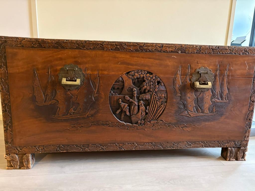 antieke handgesneden houten kist - ca 1900 - snijwerk, Ophalen