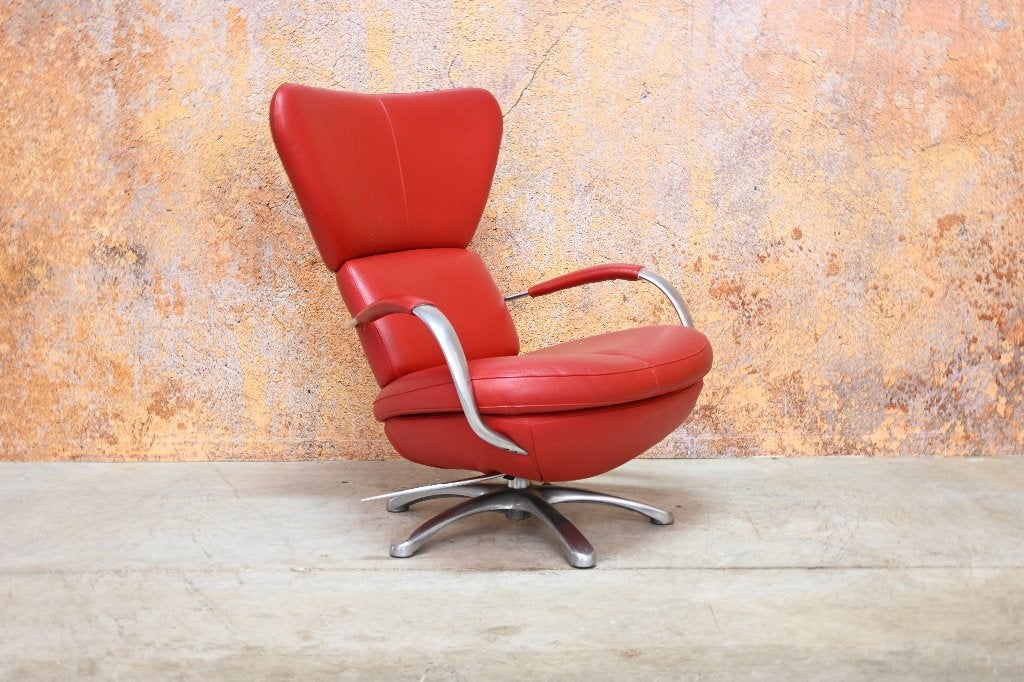 ZGAN! rode leren Leolux Formi design draaifauteuil + poef, Huis en Inrichting, Leolux, Leolux, 75 tot 100 cm, Ophalen of Verzenden