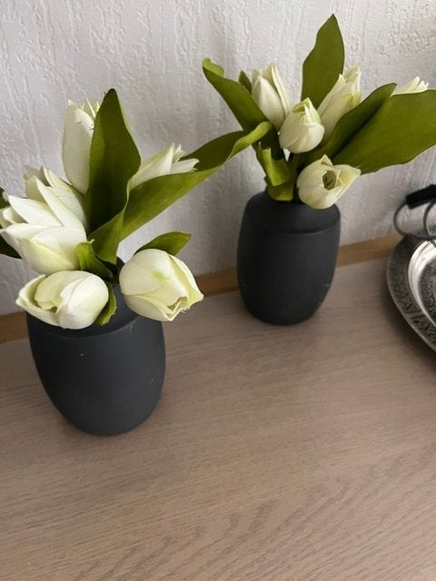 2 zwarte vaasjes met 7 witte tulpjes per vaasje uit rookvri, Huis en Inrichting, Woonaccessoires | Vazen, Overige materialen, Zwart