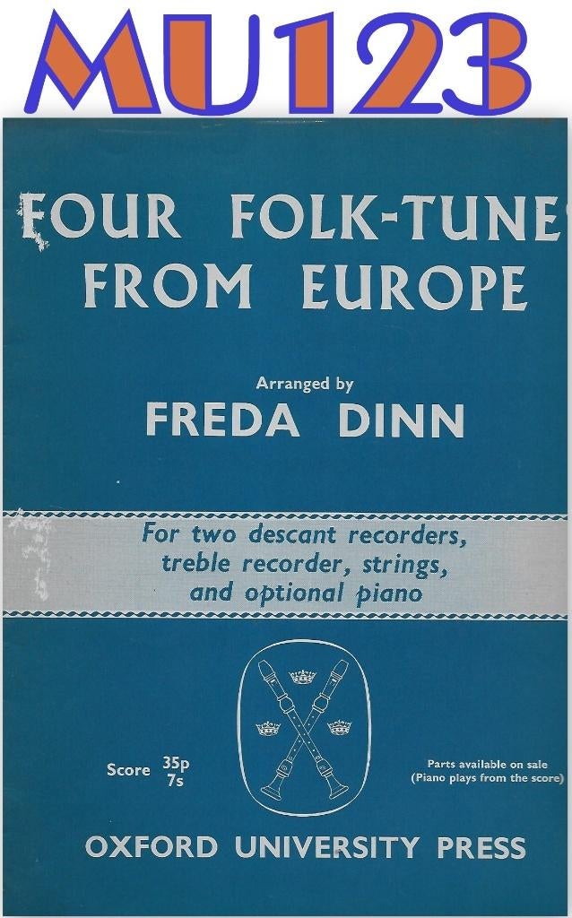 MU-123 blokfluit bladmuziek - vier Europese volksmelodieën, Gebruikt, Klassiek, Ophalen of Verzenden, Blokfluit