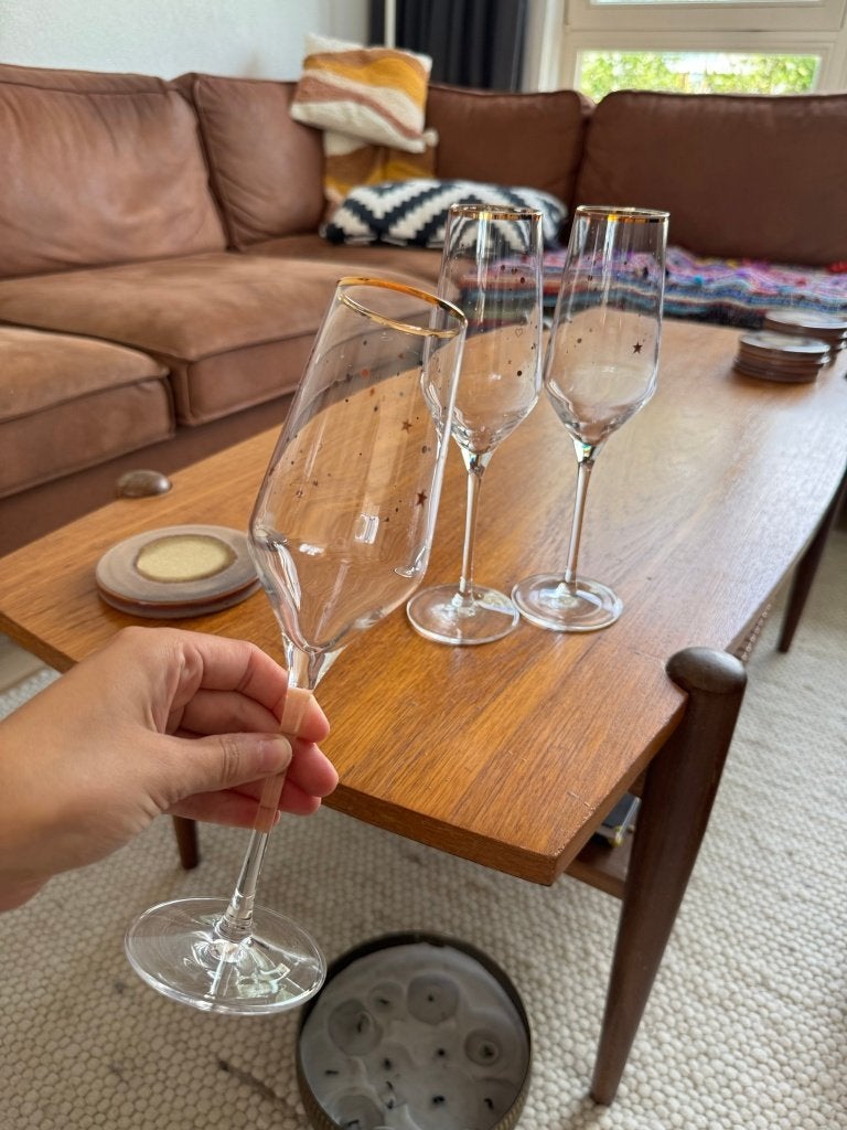 Set van 8 champagneglazen met gouden rand en sterren (Vivo), Ophalen, Gebruikt, Overige typen