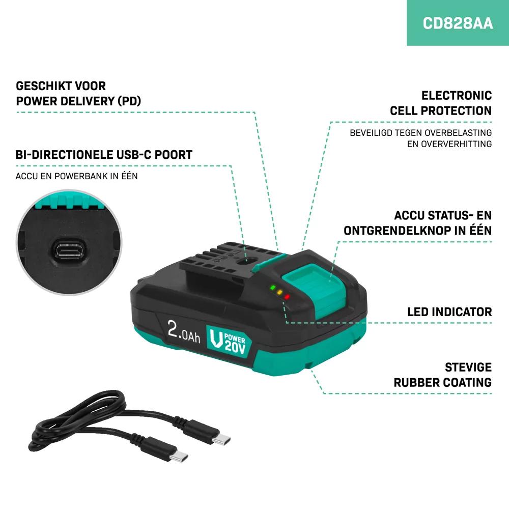 Vonroc 20V Accu - 2.0Ah Powerbank met USB-C, Ophalen of Verzenden, Nieuw