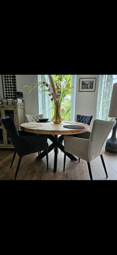 Eettafel Mangohout met 4 stoelen in 2 kleuren, Ophalen, Comfortabel en overal bij passend, 100 tot 150 cm, Rond